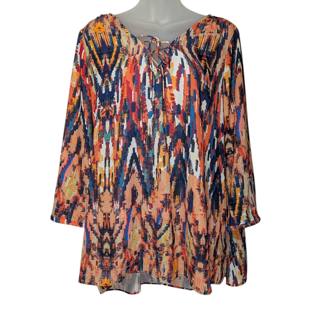 a.n.a Vibrant Multicolor Artsy Oversized XL Lightweight Lace Up Tunic Top Flowy